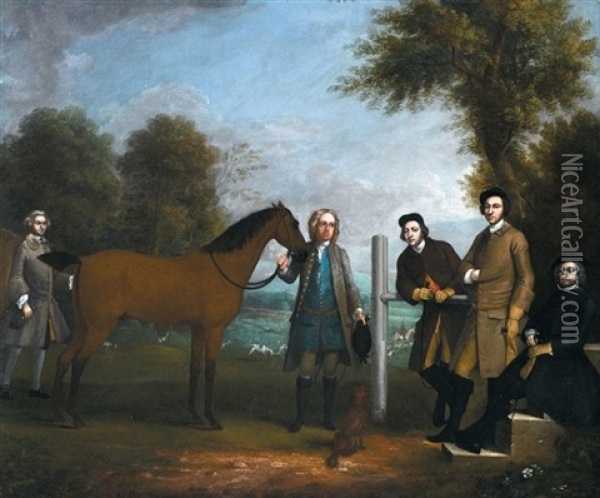 A Hunt Portrait Including Edward Chester Owner Of Cockenhatch, His Brother, Peter Chester Governor Of Florida, The Estate Manager, Thomas Gorsuch... Oil Painting - Arthur Devis