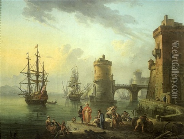 Marchands Turcs Sur L'embarcadere Devant Les Navires Oil Painting - Jean Baptiste Lallemand