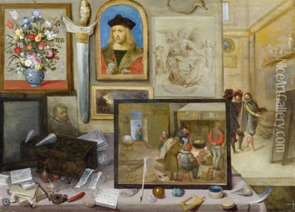 View Into The Workshop Of A Painter With A Wall Of Artistic Treasures Oil Painting - Frans II Francken