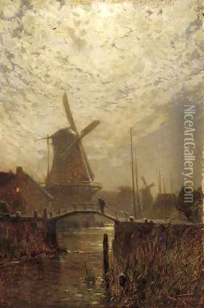 A figure crossing a bridge over a Dutch waterway by moonlight Oil Painting - Walter Moras