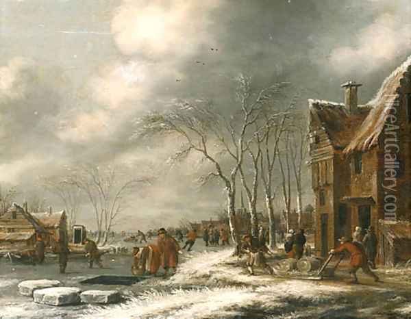 A Winter Landscape with Villagers on a frozen Waterway Oil Painting - Thomas Heeremans
