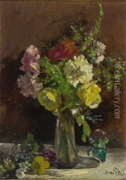 Bunter Blumenstraus In Jugendstilvase, Sonnig Beleuchtet Oil Painting - Anna Peters