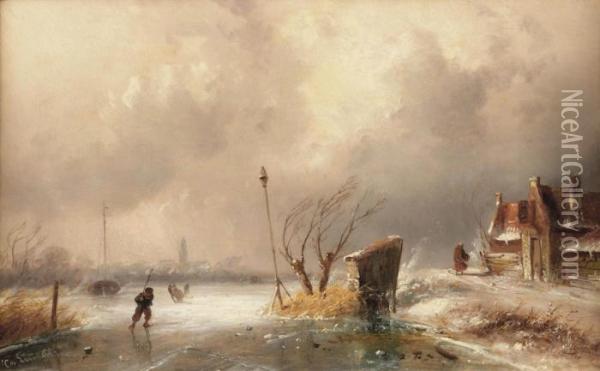 Skating On The Ice Oil Painting - Charles Henri Leickert