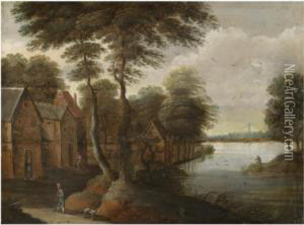 A River Landscape With Figures In The Foreground And A Fisherman On The Right Bank Oil Painting - Antoine Pierre Verhulst