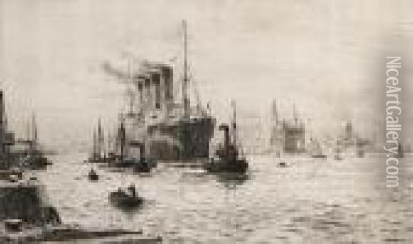 The Mauretania Docking At Birkenhead Oil Painting - William Lionel Wyllie