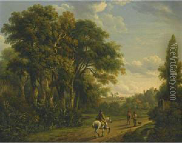 A Horseman And Figures On A Country Lane Oil Painting - Charles Towne