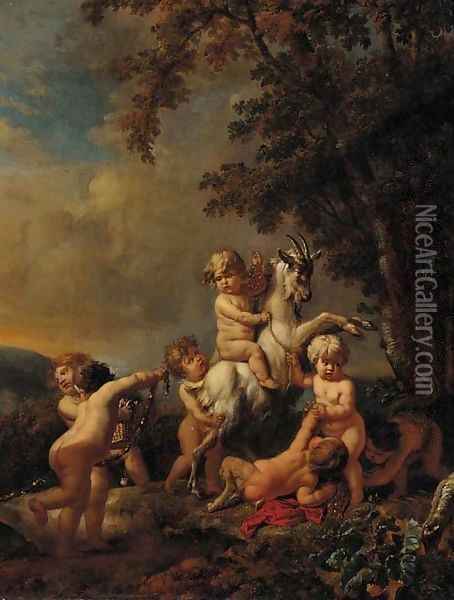 Putti and a faun disporting with a goat Oil Painting - Jan van Neck