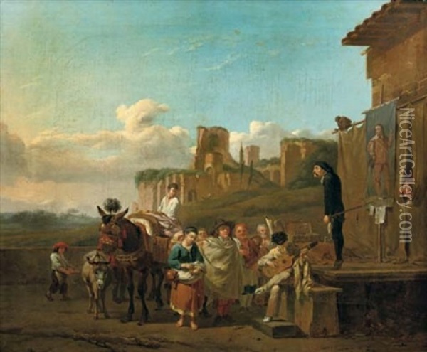 Peasants Gathered Around A Stage To Watch A Comedia Dell'arte Play (+ Another; 2 Works) Oil Painting - Karel Dujardin