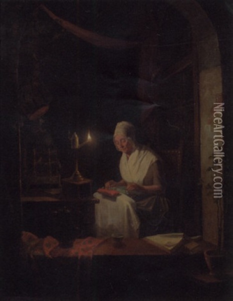 A Lady In An Interior Making Lace By The Light Of An Oil Lamp Oil Painting - Gerrit Arnoldus van Merkesteijn