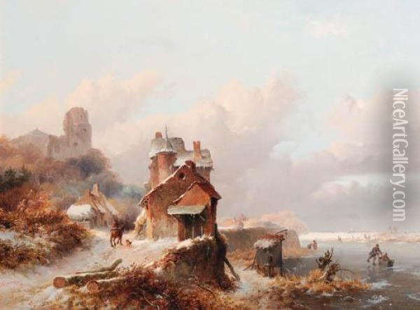 A Winterlandscape With A 
Horserider On A Track Passing A Farmhouse,skaters On The Ice Beyond Oil Painting - Frederik Marianus Kruseman