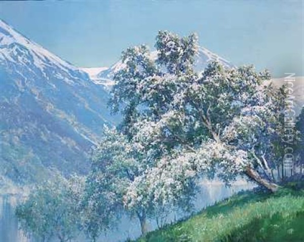 Blomstrende Frugttraeer Ved En Hojtliggende So, I Baggrunden Sneklaedte Bjerge Oil Painting - Peder Jacob Marius Knudsen