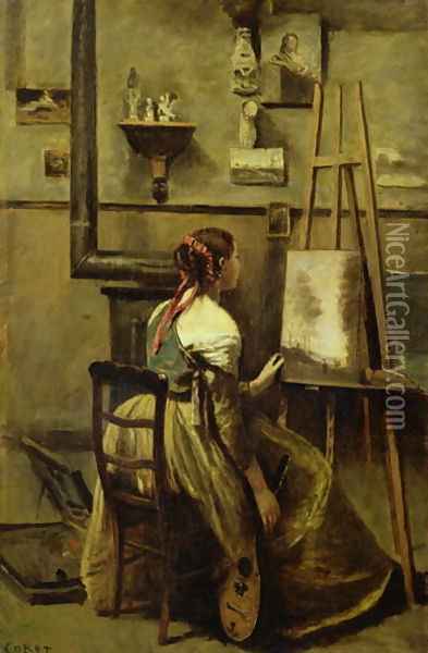The Studio of Corot, or Young woman seated before an Easel, 1868-70 Oil Painting - Jean-Baptiste-Camille Corot