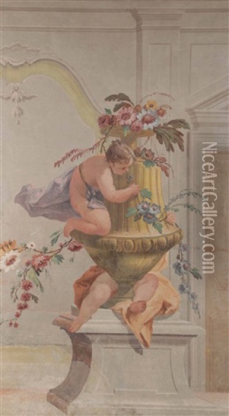 Gioco Di Putti Intorno A Vaso Con Fiori Su Sfondo Di Architetture Oil Painting - Francesco Salvator Fontebasso