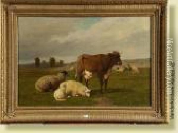Vache Et Moutons Au Pre Oil Painting - Louis Marie Dominique Romain Robbe