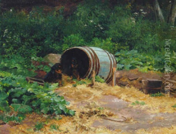 Dachshund Puppies Before An Empty Barrel Oil Painting - Simon Simonsen