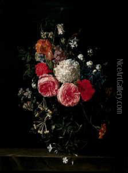 Blumenstilleben. In Einer Glasvase Rosen, Schneeball, Eine Lilie Und Akelei. Oil Painting - Nicolas Van Veerendael