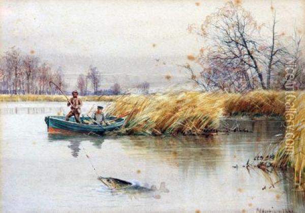 Anglers Fishing From A Rowing Boat Oil Painting - Charles Harmony Harrison