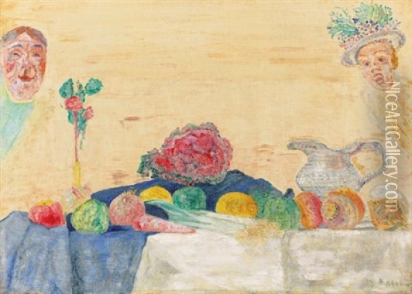 Chou Rouge, Fruits Et Masques Oil Painting - James Ensor