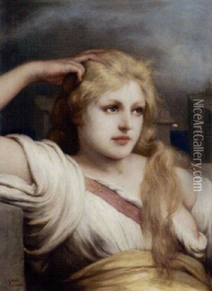 Meditation. Junges Madchen Mit Blondem Haar Oil Painting - Gabriel von Max