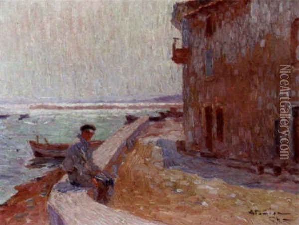 A Fisherman Seated On A Wall By The Sea Oil Painting - Charles Garabed Atamian