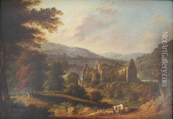 Tintern Abbey, A Man Tending A Cow And Sheep In The Foreground Oil Painting - John Glover