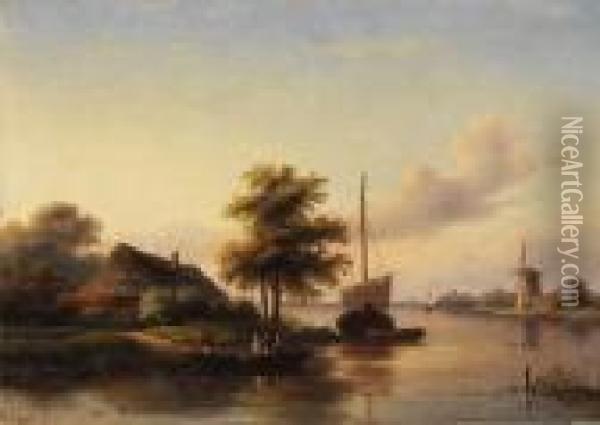 Hollandische Kanallandschaft Mit Schiffen Und Windmuhle Oil Painting - Jan Jacob Coenraad Spohler