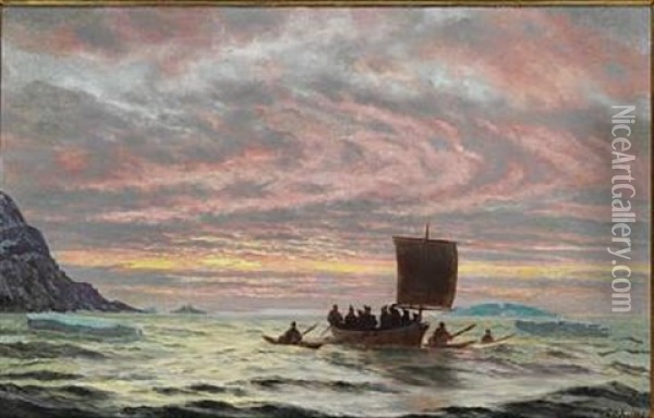 View From Greenland With Inuits In Their Boats In The Sunset Oil Painting - Carl (Jens Erik C.) Rasmussen