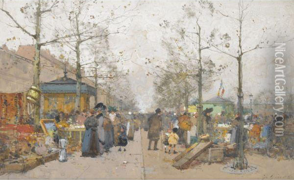 Paris, Marche A La Ferraille, Boulevard Richard Lenoir Oil Painting - Eugene Galien-Laloue