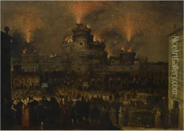 Rome, A View Of Castel 
Sant'angelo With Figures Revelling Outdoors,with Fireworks And A 
Catherine Wheel Above Them Oil Painting - Louis de Caullery