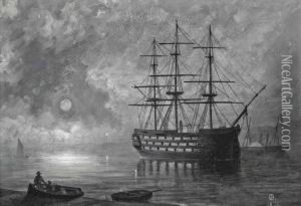 A Royal Navy Three-decker At Anchor By Moonlight, A Paddle Steamer Beyond Oil Painting - Philip John Ouless
