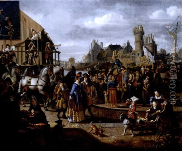 Carnival Scene In A Dutch Riverside Town, With Actors Performing, An Elegant Couple Promenading And A Young Child In A Cart Being Pulled By A Dog Oil Painting - Matthys Naiveu