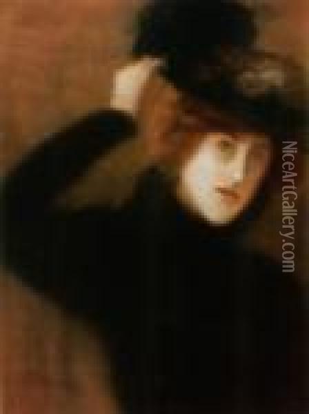 Young Parisian Woman With Flowery Hat, Late 1890s Oil Painting - Jozsef Rippl-Ronai