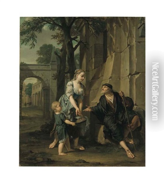 An Allegory Of Charity: A Young Woman And A Boy Offering Sustenance To An Old Man Oil Painting - Nicholaas Verkolye