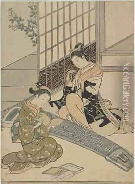 Descending Geese of the Koto Oil Painting - Suzuki Harunobu