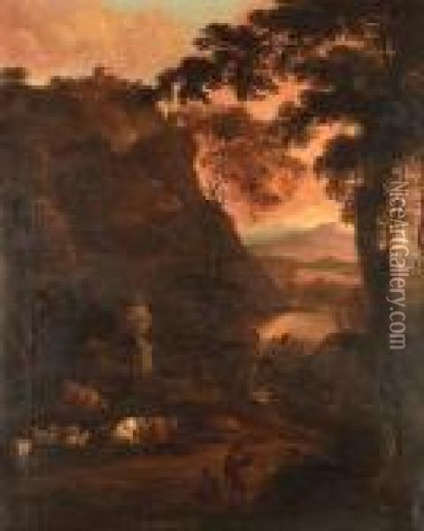 An Italianate Landscape With Drovers And Cattle Beside A Waterfall Oil Painting - Adriaen Van Diest