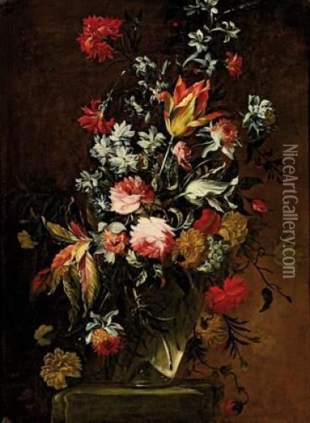 Bouquet De Fleurs Dans Un Vase En Verre. Oil Painting - Mario Nuzzi Mario Dei Fiori