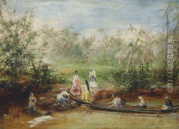 On The Banks Of The River Pasig, Manila Oil Painting - Rafeal Enriquez y Villanueva