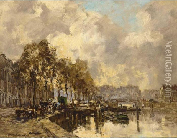 A View Of The Nieuwe Haven Near The Koestraat, Rotterdam Oil Painting - Johann Hendrik Van Mastenbroek