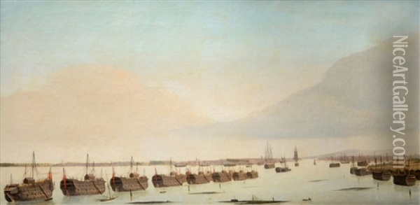Early Morning View Of Portsmouth Harbour With The Prison Hulks At Low Tide, Showing Fishermen And Nets On The Mud Banks Oil Painting - Ambroise Louis Garneray