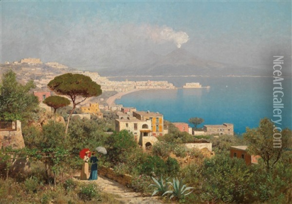 View From Posilippo To The Bay Of Naples And Vesuvius Oil Painting - Edmund Berninger