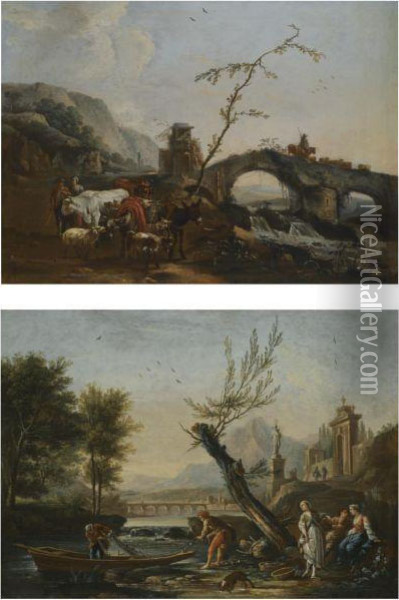 An Italianate Landscape With A Bridge And The Gates Of A Villa In The Background Oil Painting - Jean-Baptiste Claudot De Nancy