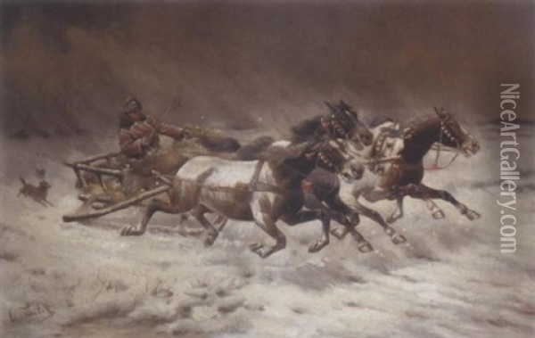 Huntsman Chasing Through The Snow Oil Painting - Adolf (Constantin) Baumgartner-Stoiloff
