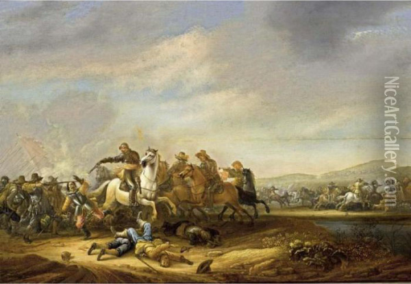 A Cavalry And Infantry Battle Scene Near A Stream Oil Painting - Abraham van der Hoef