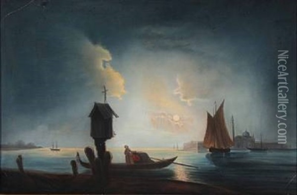 Italian Harbor Scene In The Moonlight Oil Painting - Per Lindhberg