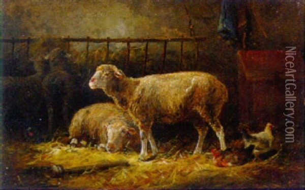 Sheep And Chickens In A Barn Oil Painting - Cornelis van Leemputten