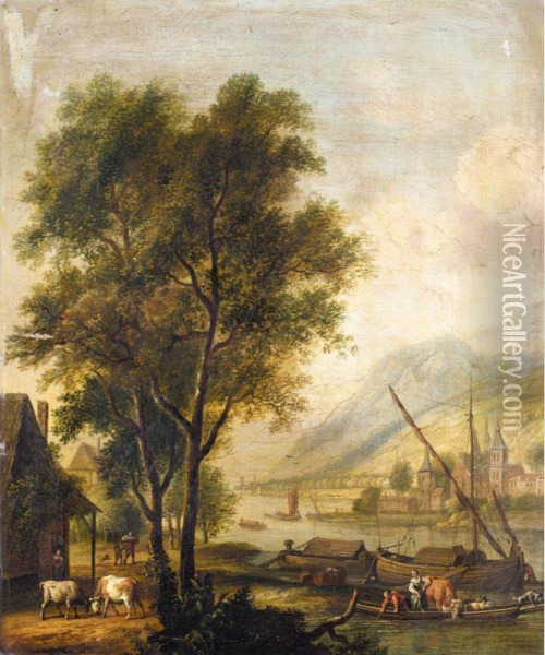 River Landscape With Cattle And Figures Before A Cottage, And Barges On The River Oil Painting - Dirk Iii Dalens