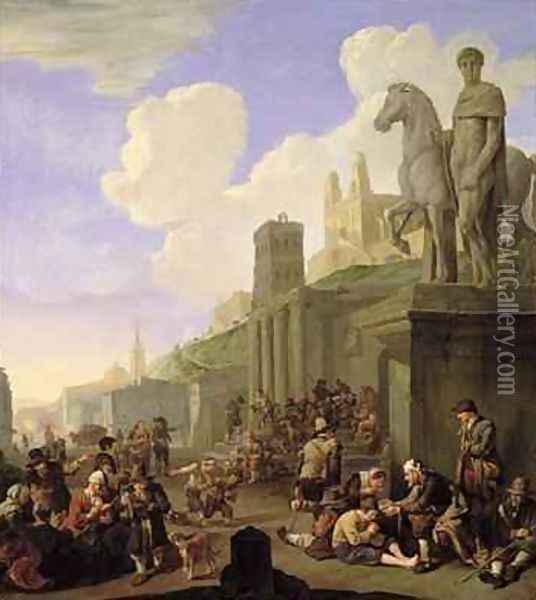 A Street Scene with a Capriccio of Roman Buildings Oil Painting - Johannes Lingelbach