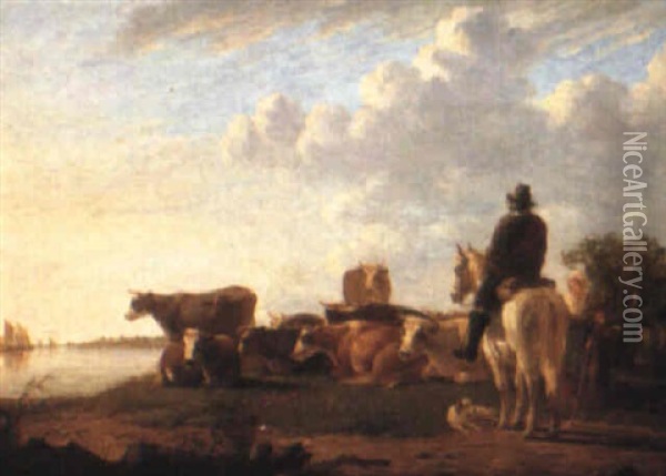 Landscape With Cattle And Figures Beside A River Oil Painting - Aelbert Cuyp