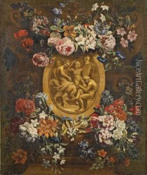 Blumengirlande Mit Einem Relief Oil Painting - Gaspar-pieter The Younger Verbruggen