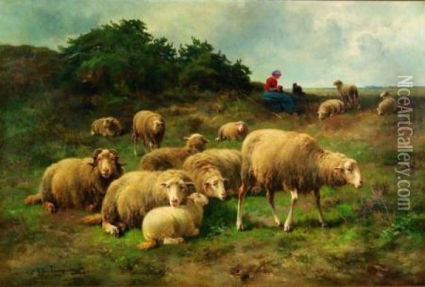 Sheep And Shepherdess 
Hand On The Reverse Oil Painting - Cornelis van Leemputten